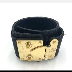 Louis Vuitton Black Leather Cuff Bracelet with Gold Hardware